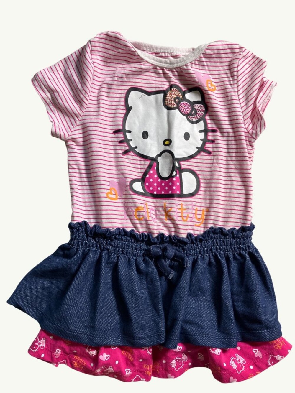 Hello Kitty Girls Pink Striped T-Shirt Dress With Denim & Ruffled Skirt Size 5